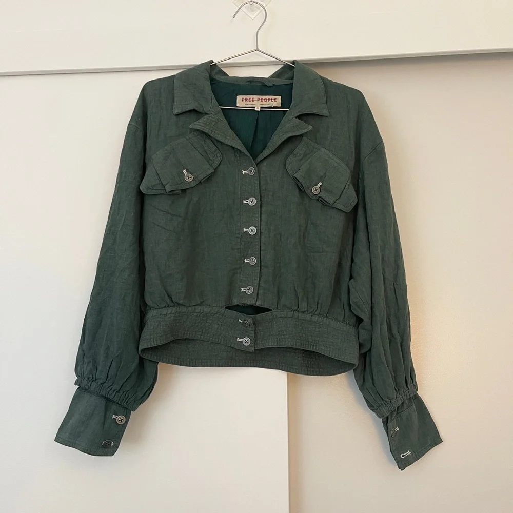 NWOT Free People Billy Saddle Green Bomber Jacket Linen Blend Size XS